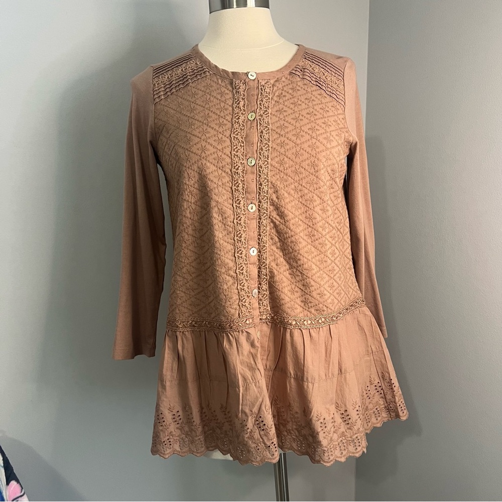 LOGO LAVISH Lori Goldstein XXS Cocoa Button Front Top w/ Knit Sleeves